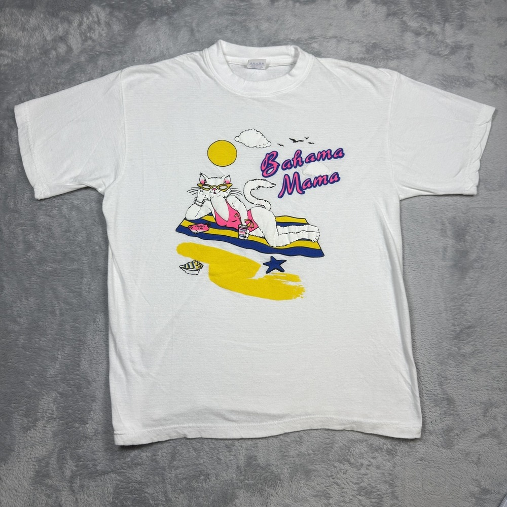 Vintage Bahama Mama Shirt Adult XL White Cat Graphic Dorsett Beach 90s REPAIR